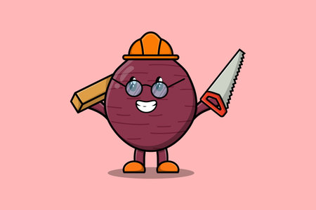 Cute cartoon Sweet potato as carpenter character with saw and wood in flat modern style designのイラスト素材