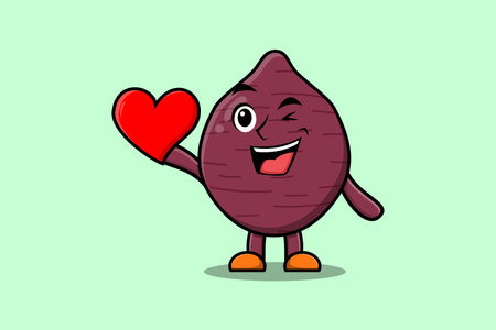 Cute cartoon Sweet potato character holding big red heart in modern style design illustrationのイラスト素材