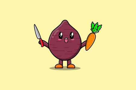 Cute cartoon Sweet potato character holding knife and carrot in modern style designのイラスト素材
