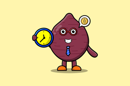 Cute cartoon Sweet potato character holding clock illustration with happy expressionのイラスト素材