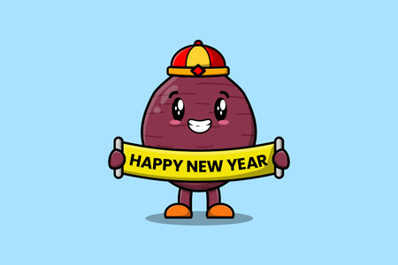 Cute cartoon Sweet potato chinese character holding happy new year board illustrationのイラスト素材