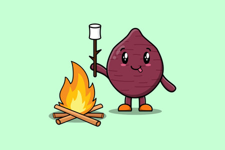 Cute cartoon sweet potato character is burning marshmallowのイラスト素材