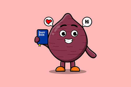 Cute cartoon Sweet potato character holding diary book illustration with happy expressionのイラスト素材