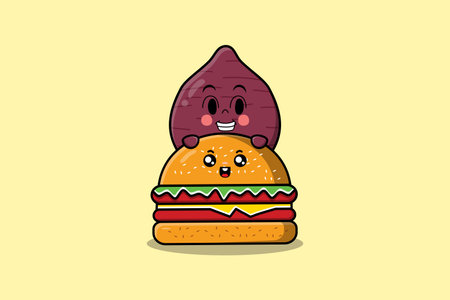 Cute Sweet potato cartoon character hiding in burger illustration in flat modern designのイラスト素材