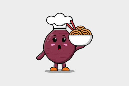 Cute cartoon Sweet potato chef character holding noodles in bowl flat cartoon style illustrationのイラスト素材