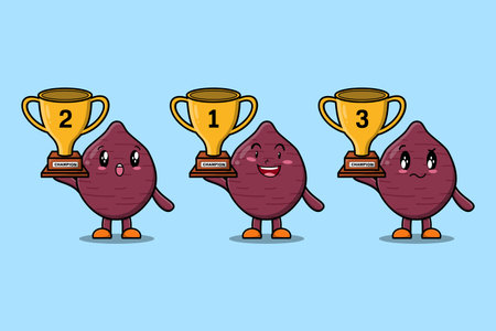 Set of cute cartoon Sweet potato holding trophy with happy expression in 3d modern style designのイラスト素材