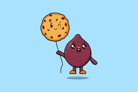 Cute cartoon Sweet potato floating with biscuits balloon in flat cartoon vector icon illustrationのイラスト素材