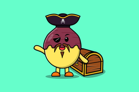 Cute cartoon character Sweet potato pirate with treasure box illustration in modern style designのイラスト素材