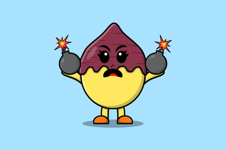 Cute cartoon Sweet potato holding bomb with scared expression in flat modern style designのイラスト素材