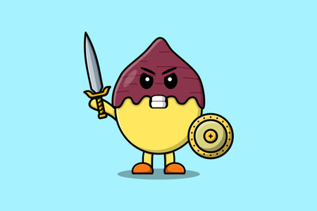Cute cartoon character Sweet potato holding sword and shield in modern style designのイラスト素材