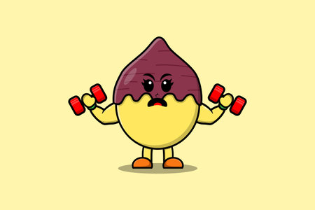 Cute cartoon Sweet potato character is fitness with barbell in modern style designのイラスト素材