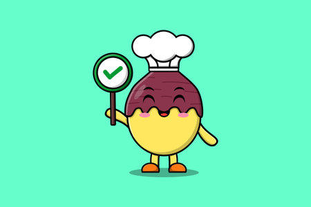 Cute cartoon Sweet potato chef character holding correct sign board in vector character illustrationのイラスト素材