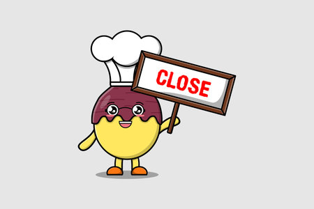Cute cartoon Sweet potato chef character holding close sign board designs in flat cartoon styleのイラスト素材