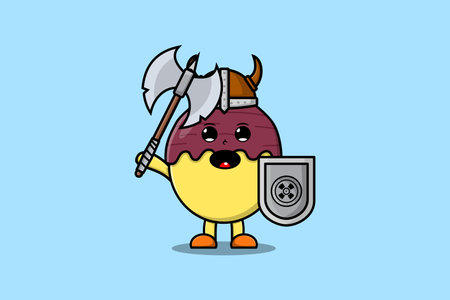 Cute cartoon character Sweet potato viking pirate with hat and holding ax and shieldのイラスト素材