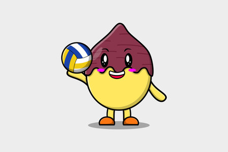 Cute cartoon Sweet potato character playing volleyball in flat cartoon style illustrationのイラスト素材