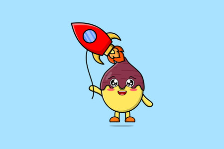 Cute cartoon Sweet potato floating with rocket balloon cartoon vector illustrationのイラスト素材