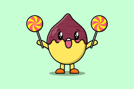 Cute cartoon Sweet potato character holding lollipop candy in flat cartoon illustrationのイラスト素材