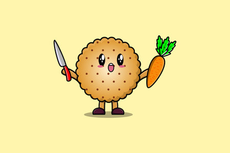 Cute cartoon Cookies character holding knife and carrot in modern style designのイラスト素材