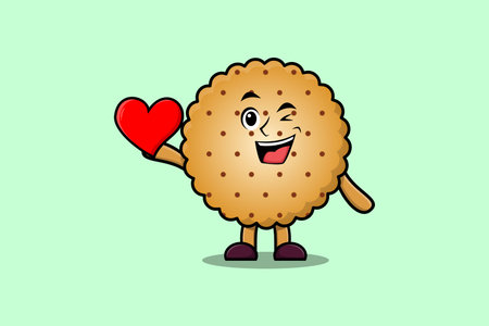 Cute cartoon Cookies character holding big red heart in modern style design illustrationのイラスト素材