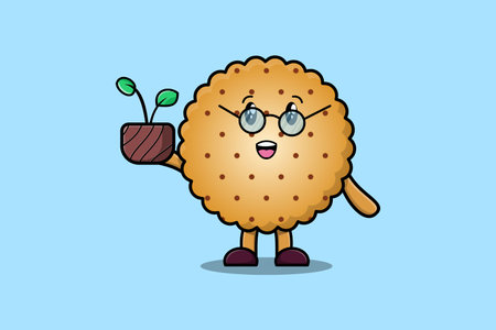 Cute cartoon illustration Cookies holding plant in a pot flat modern style designのイラスト素材