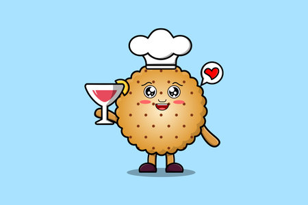 Cute cartoon Cookies chef character holding wine glass flat cartoon style illustrationのイラスト素材