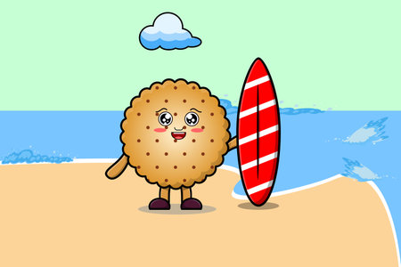 Cute cartoon Cookies character playing surfing with surfing boardのイラスト素材