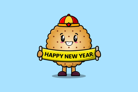 Cute cartoon Cookies chinese character holding happy new year board illustrationのイラスト素材