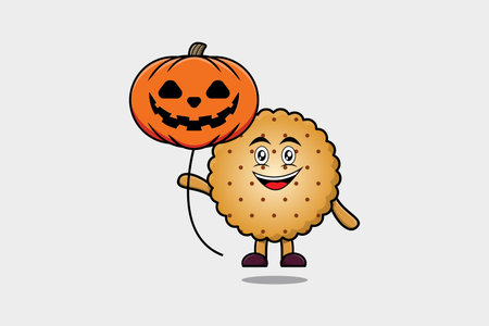 Cute cartoon Cookies floating with pumpkin halloween balloon in flat cartoon icon illustrationのイラスト素材