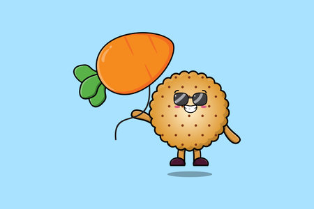 Cute cartoon Cookies floating with carrot balloon in flat cartoon vector icon illustrationのイラスト素材