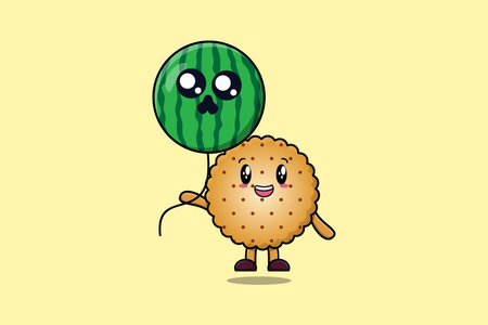 Cute cartoon Cookies floating with Cookies balloon in flat cartoon vector icon illustrationのイラスト素材