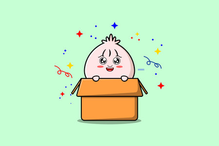 Cute cartoon Dim sum character coming out from box in flat style cartoon vector icon illustrationのイラスト素材