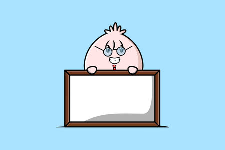 Cute cartoon Dim sum teacher character with big whiteboard in flat cartoon style conceptのイラスト素材