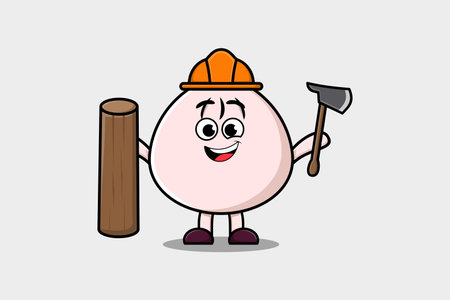 Cute cartoon Dim sum as carpenter character with ax and wood in flat modern styleのイラスト素材