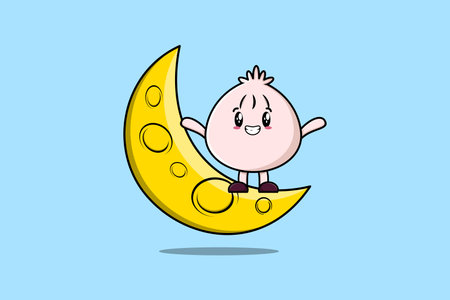 Cute cartoon Dim sum character standing on the crescent moon in 3d modern design illustrationのイラスト素材