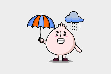 Cute cartoon Dim sum character in the rain and using an umbrella in flat modern style designのイラスト素材