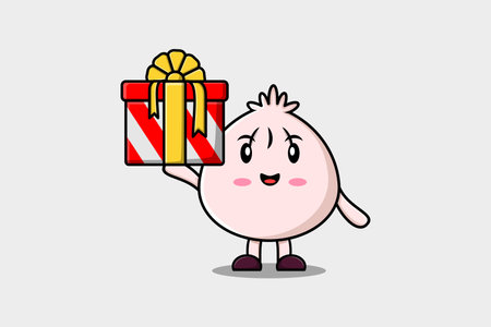 Cute cartoon Dim sum character holding gift box in vector icon illustrationのイラスト素材