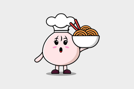 Cute cartoon Dim sum chef character holding noodles in bowl flat cartoon style illustrationのイラスト素材