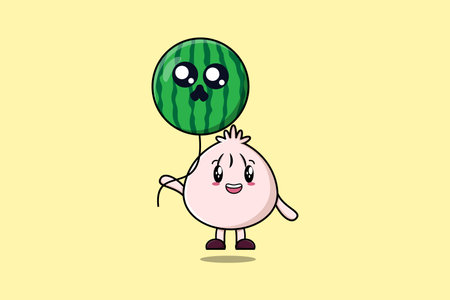 Cute cartoon Dim sum floating with watermelon balloon in flat cartoon vector icon illustrationのイラスト素材