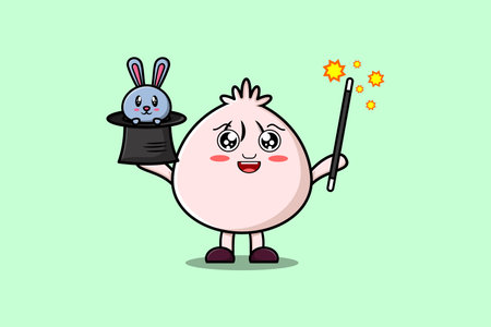cute cartoon Dim sum magician character with bunny character coming out from magic hatのイラスト素材