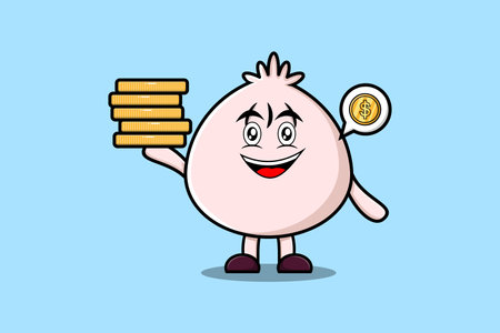 Cute cartoon Dim sum character holding in stacked gold coin vector illustrationのイラスト素材