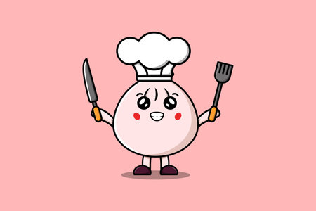 Cute cartoon Dim sum chef character holding knife and fork in flat cartoon style illustrationのイラスト素材