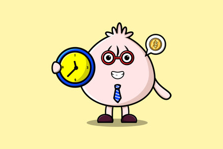 Cute cartoon Dim sum character holding clock illustration with happy expressionのイラスト素材
