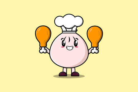 Cute cartoon Dim sum chef character holding two chicken thighs in flat cartoon style illustrationのイラスト素材