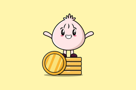 Cute cartoon Dim sum character standing in stacked gold coin vector illustration in flat cartoonのイラスト素材