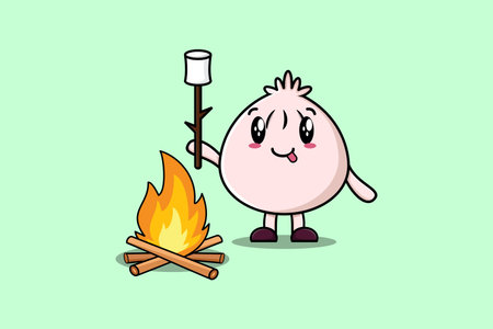 Cute cartoon dim sum character is burning marshmallowのイラスト素材