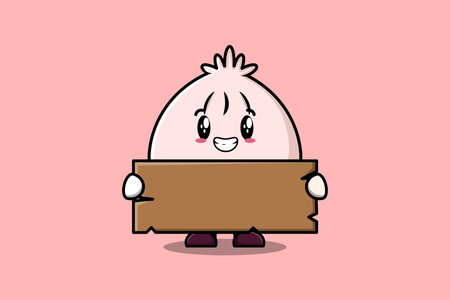 Cute cartoon Dim sum character holding blank wooden text board vector icon illustrationのイラスト素材