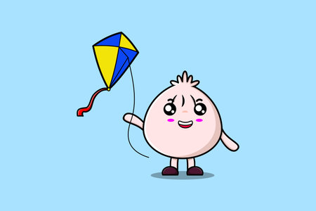 Cute cartoon Dim sum character playing kite flaying cartoon icon vector illustrationのイラスト素材