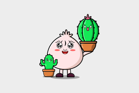 Cute cartoon Dim sum character holding cactus plant in pot vector icon illustrationのイラスト素材