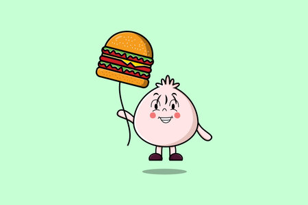 Cute cartoon Dim sum floating with burger balloon in flat cartoon vector icon illustrationのイラスト素材