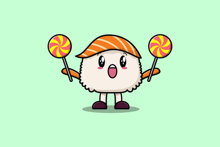 Cute cartoon Sushi character holding lollipop candy in flat cartoon illustrationのイラスト素材